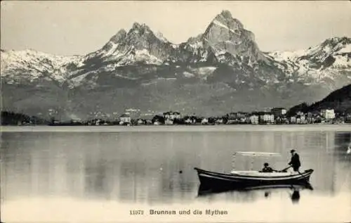 Ak Brunnen Kt Schwyz, Panorama mit Mythen, Boot