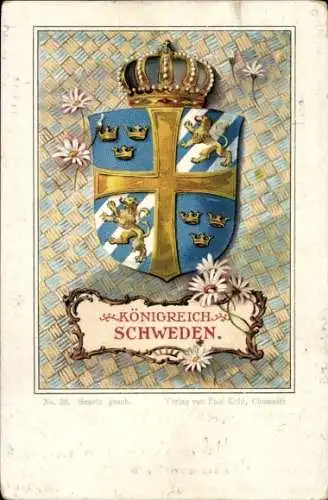 Wappen Litho Königreich Schweden, Margeriten, Krone, Paul Kohl Chemnitz No. 20