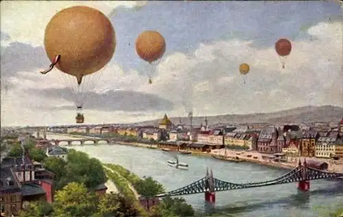 Künstler Ak Frankfurt am Main, Fesselballons über der Stadt, ILA