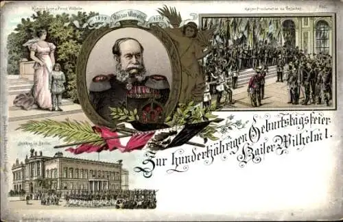 Litho Kaiser Wilhelm I., 100jh. Jubiläum 1897, Kaiserproklamation in Versailles 1871, Königin Luise