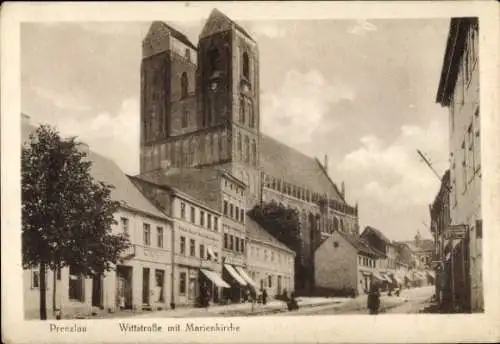 Ak Prenzlau in der Uckermark, Wittstraße mit Marienkirche, Geschäfte