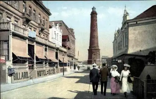 Ak Nordseebad Borkum in Ostfriesland, Straßenpartie, Hotel Eltze, Leuchtturm