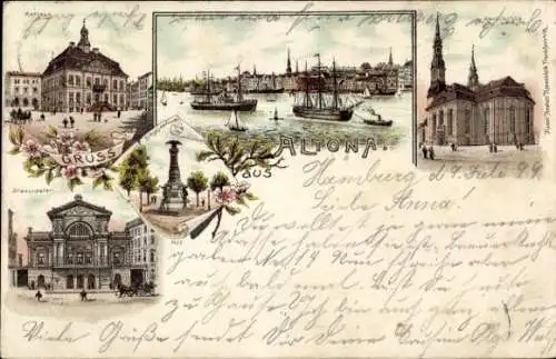 Litho Hamburg Altona, Rathaus, Stadttheater, Hauptkirche, Siegesdenkmal, Segelschiff im Hafen