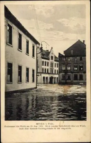 Ak Weida im Kreis Greiz Thüringen, Hochwasser 1924, Schlossstraße, Stegstraße, Konsumvereinsgebäude