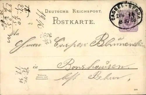Bahnpoststempel Cassel - Bebra, Zug 15, 8.10.88, auf Postkarte Ganzsache