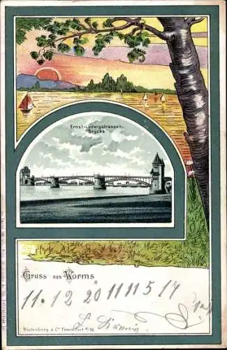 Passepartout Litho Worms am Rhein, Ernst Ludwigstraßen Brücke