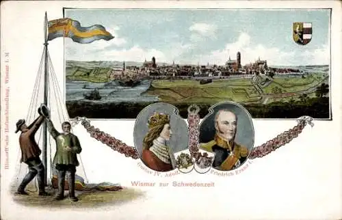 Künstler Litho Hansestadt Wismar, Gustav IV Adolf, Friedrich Franz I, Stadt zur Schwedenzeit