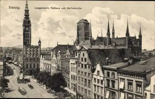 Ak Gdańsk Danzig, Langemarkt, Rathaus, Marienkirche