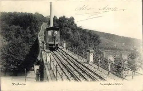 Ak Wiesbaden in Hessen, Nerobergbahn, Talfahrt, Standseilbahn