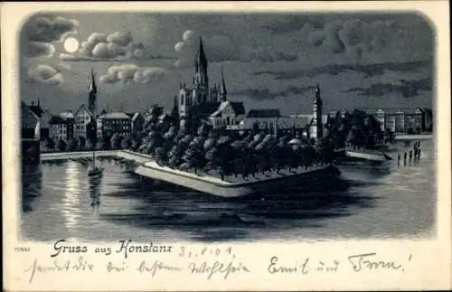 Mondschein Litho Konstanz am Bodensee, Gesamtansicht, Kirche