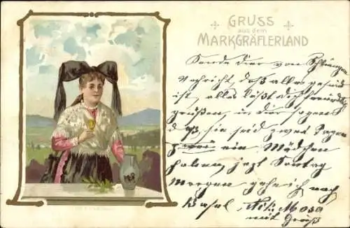 Litho Markgräflerin, Frau in Volkstracht aus dem Schwarzwald