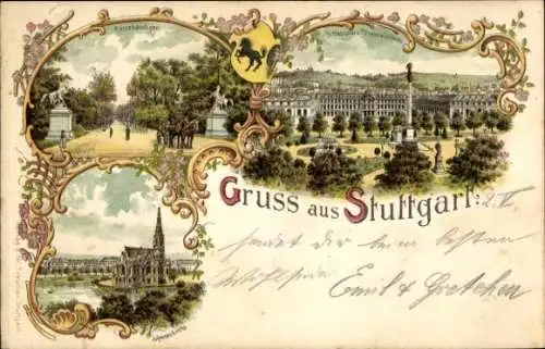 Litho Stuttgart in Württemberg, Schlossplatz, Johanneskirche, Rossebändiger, Wappen