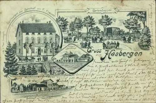 Litho Hasbergen in Niedersachsen, Bahnhof, Gleisseite, Restaurant