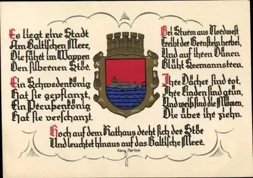 Gedicht Wappen Ak Baltijsk Pillau Ostpreußen, Strandhalle, Es liegt eine Stadt, Hans Parlow