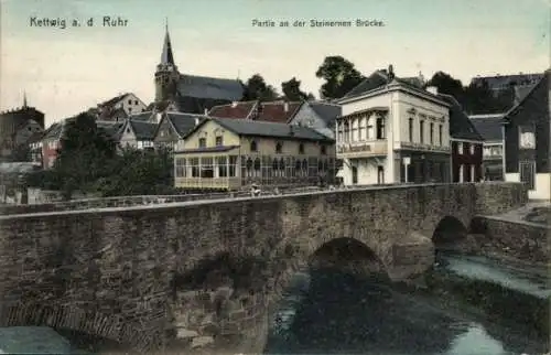 Ak Kettwig Essen im Ruhrgebiet, Steinerne Brücke, Cafe Restaurant, Kirche