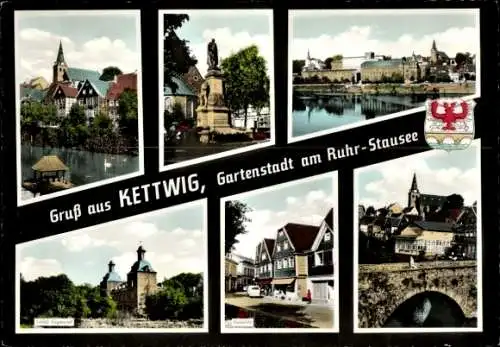 Ak Kettwig Essen im Ruhrgebiet, Teilansichten, Denkmal, Schloss Hugenpoet, Brücke, Wappen