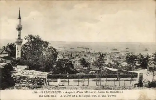 Ak Saloniki Thessaloniki Griechenland, Minarett am Rand der Stadt, Panorama