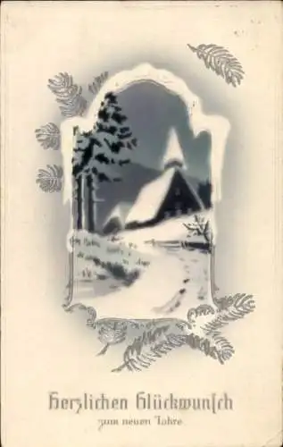 Ak Glückwunsch Neujahr, Haus, Tannenzweige