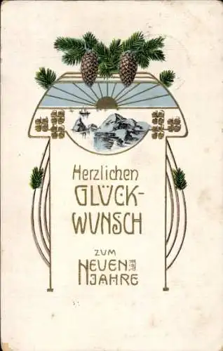Ak Glückwunsch Neujahr, Tannenzweige, Glücksklee, Tannenzapfen