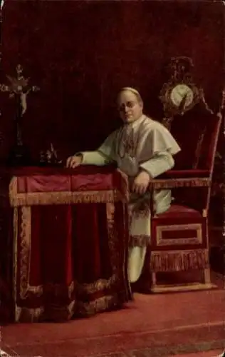 Ak Papst Pius XI., Porträt am Schreibtisch