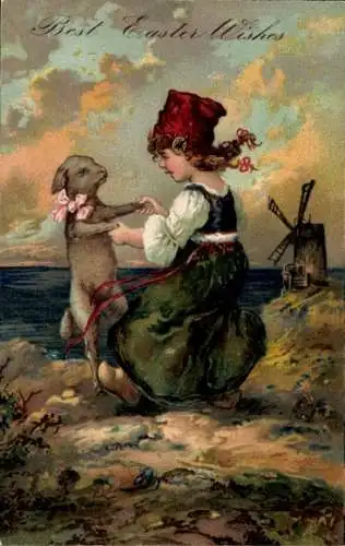 Präge Ak Glückwunsch Ostern, Mädchen tanzt mit Lamm, Windmühle