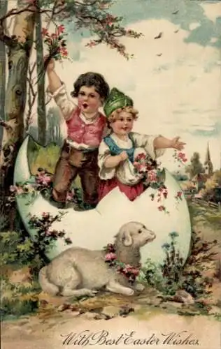 Präge Ak Glückwunsch Ostern, Kinder, Eierschale, Lamm, Blumen