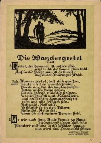 Scherenschnitt Lied Ak Die Wandergretel von Karl Müller, Gretel, der Sommer ist unsere Zeit...