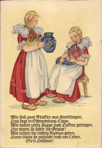 Künstler Ak Fischer, H. U., Mädchen in Volkstrachten, Puppe, Probsthagen