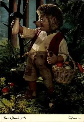 Ak Igel Mecki beim Pilzesammeln, Wald, Glückspilz