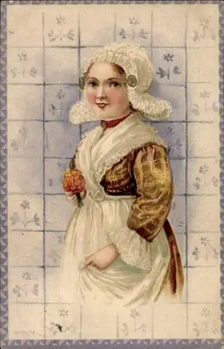 Präge Litho Mädchen in niederländischer Volkstracht, Blumenstrauß