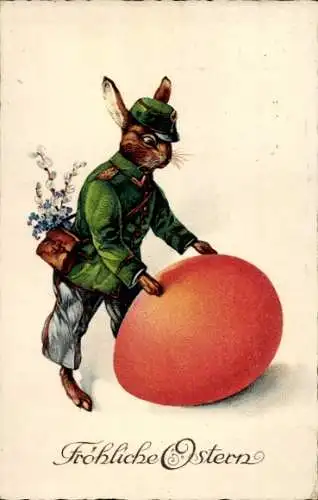 Ak Glückwunsch Ostern, Osterhase in Uniform, Osterei, Blume