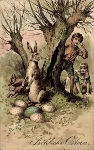 Präge Ak Glückwunsch Ostern, Kinder, Osterhase, Ostereier, Baum
