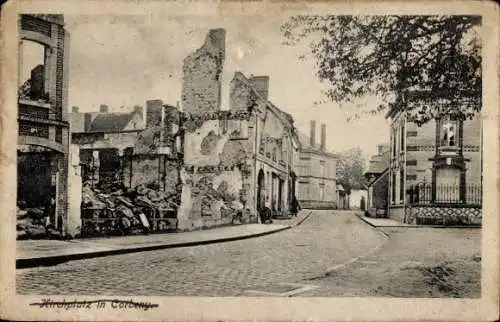 Ak Corbeny Aisne, zerstörte Häuser am Kirchplatz