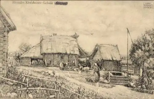 Künstler Ak Russland, russisches Kleinbauer Gehöft