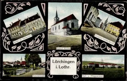 Ak Lorquin Lörchingen Lothringen Moselle, Katholische Kirche, Totalansicht, Heil und Pflegeanstalt