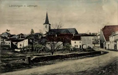 Ak Lorquin Lörchingen Lothringen Moselle, Dorfansicht mit Kirche