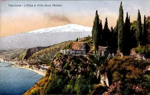 Ak Taormina Sicilia, Blick zum Etna mit Villa Duca Nelson