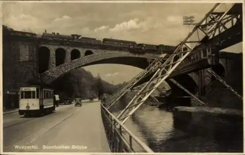 Ak Elberfeld Wuppertal, Sonnborner Brücke, Schwebebahn, Straßenbahn, Eisenbahn