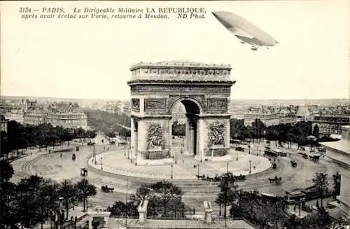 Ak Paris, Dirigéable militaire République, Arc de Triomphe