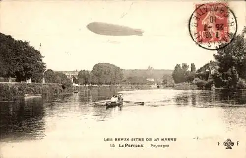 Ak Le Perreux sur Marne Val de Marne, Landschaften, Zeppelin im Flug