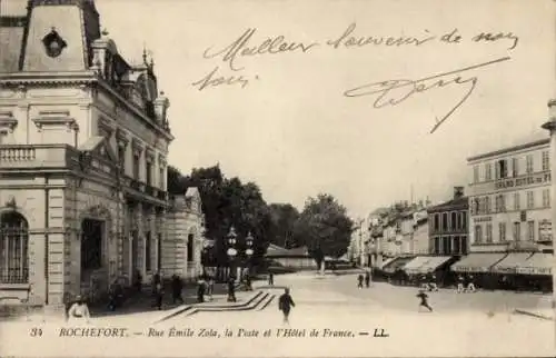 Ak Rochefort sur Mer Charente Maritime, Rue Emile Zola, la L'este, l'Hotel de France