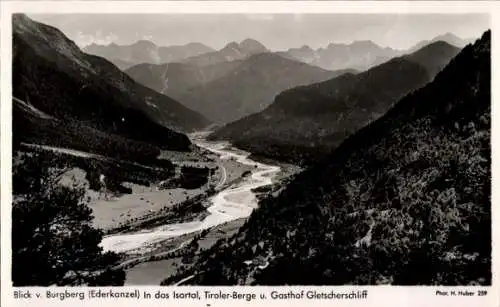 Ak Mittenwald Obb., Blick vom Burgberg, Ederkanzel, Isartal, Tiroler Berge, Gasthof Gletscherschliff