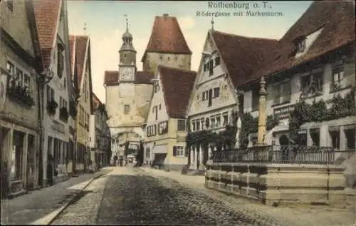 Ak Rothenburg ob der Tauber Mittelfranken, Rödergasse mit Markusturm