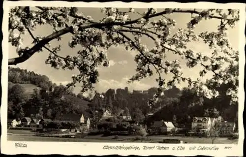 Ak Rathen an der Elbe Sächsische Schweiz, Elbsandsteingebirge, Lokomotive, blühender Baum