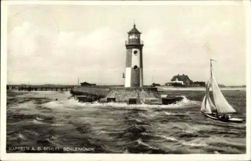 Ak Kappeln an der Schlei, Schleimünde, Leuchtturm, Segelboot