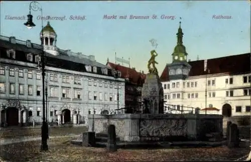 Ak Lutherstadt Eisenach in Thüringen, Großherzogl. Schloss, Mark mit Brunnen St. Georg, Rathaus