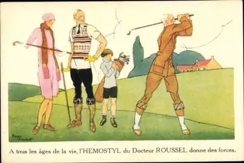 Künstler Ak Vincent, Rene, Reklame, Hemostyl du Docteur Roussel, Golfplatz