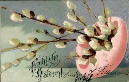 Ak Glückwunsch Ostern, Weidenkätzen, Osterei