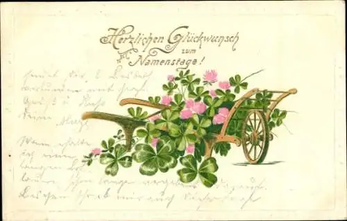 Präge Litho Glückwunsch Namenstag, Kleeblätter in einer Schubkarre
