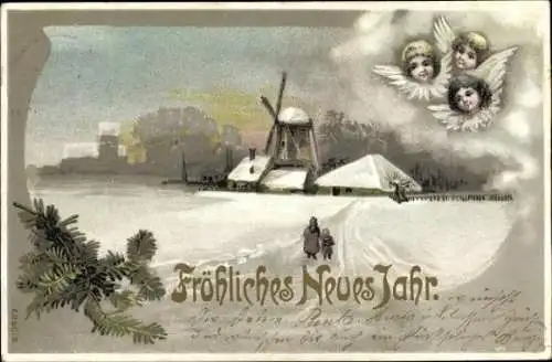 Ak Glückwunsch Neujahr, Winterlandschaft, Windmühle, Engel